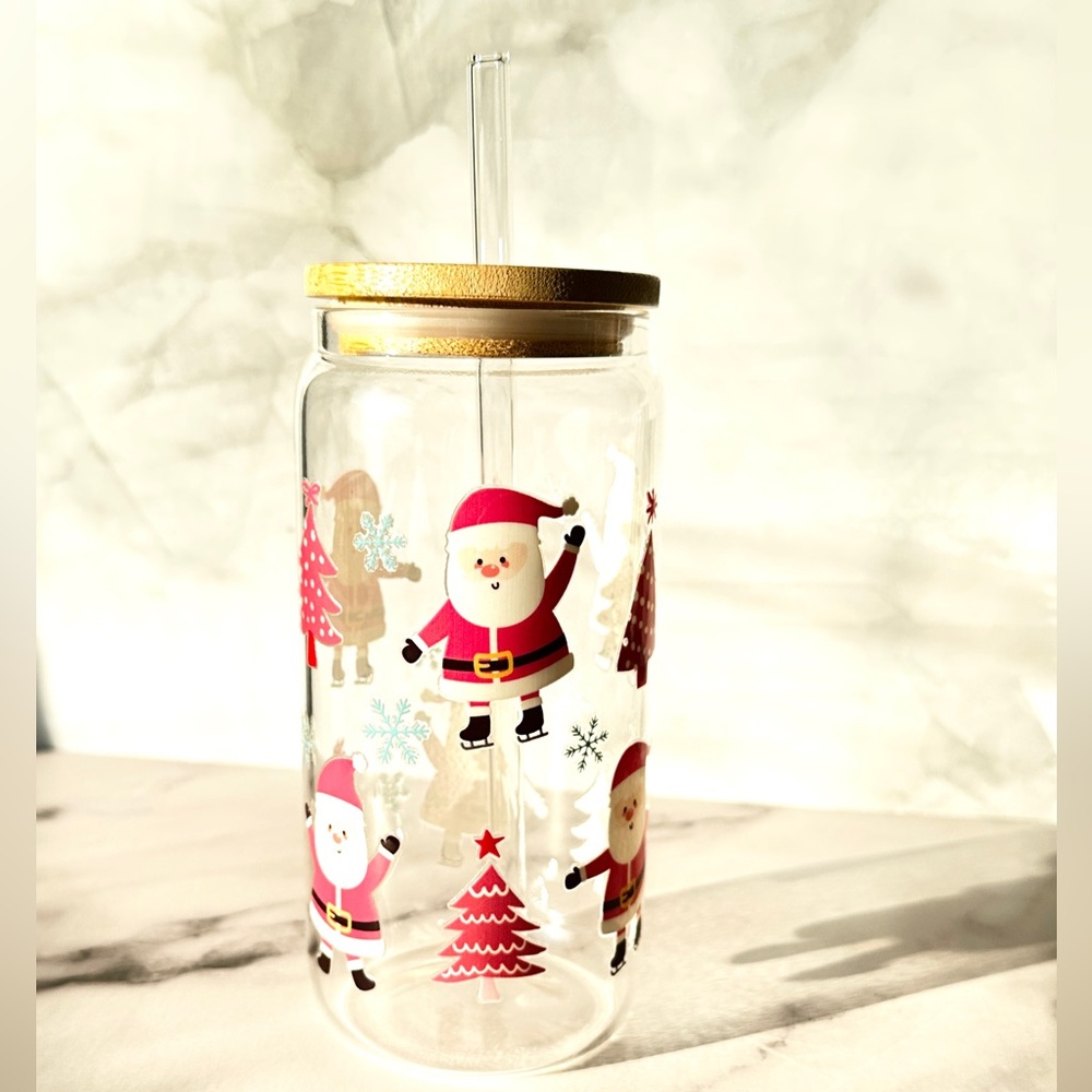 Santa Claus Holiday Glass Jar with Bamboo Lid